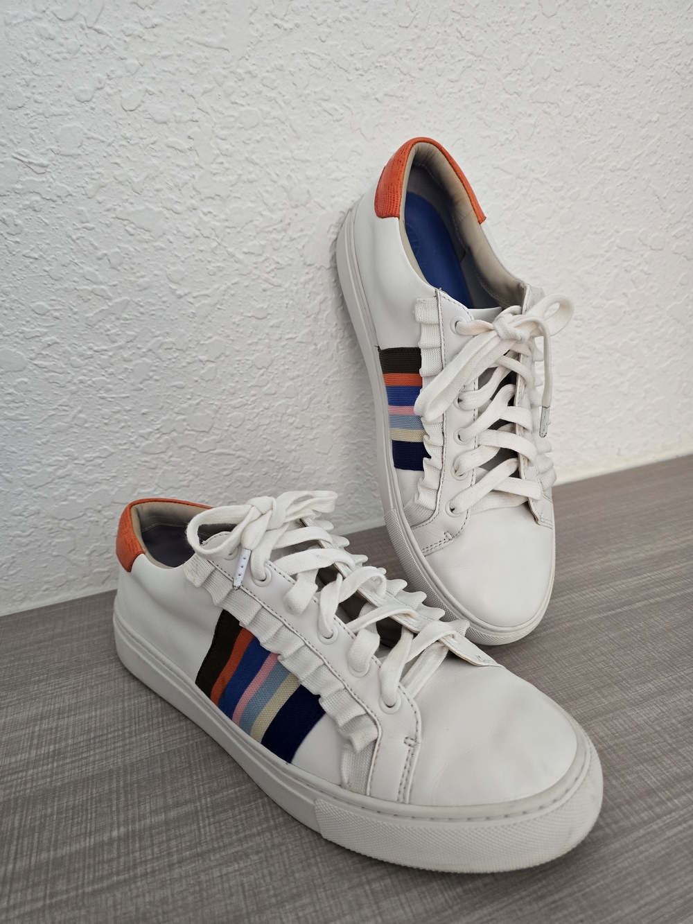 Tory Sport White Ruffle Stripe Leather Sneakers 9.5